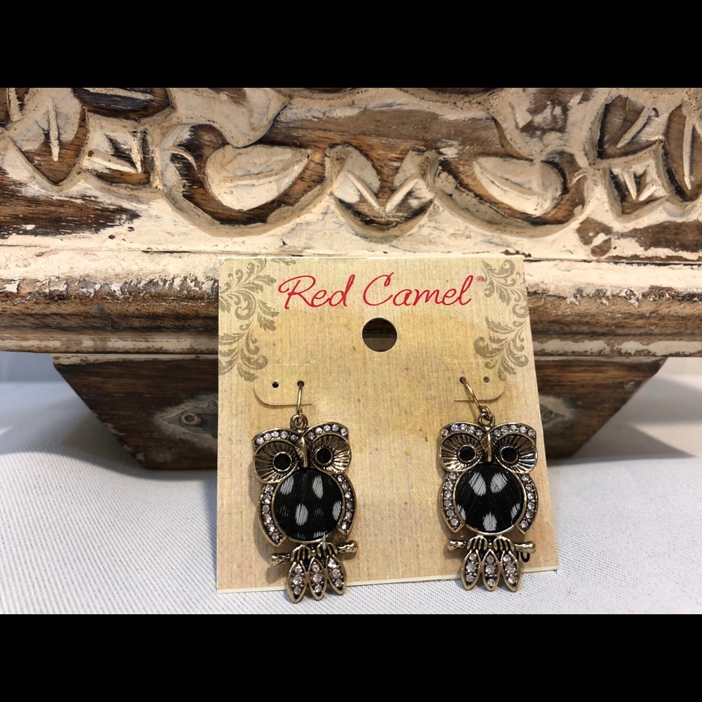 NWT Red Camel Gold, Black and White Owl Earrings.